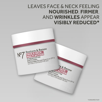 No7 Restore & Renew Multi Action Face & Neck SPF 30 Day Cream - Firming & Hydrating Face Moisturizer with Hyaluronic Acid, Fragrance-Free, 1.69 Fl Oz Avelisse