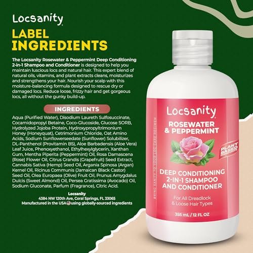 Locsanity Rosewater Peppermint 2-in-1 Sulfate-Free Shampoo & Conditioner for Dreadlocks - Moisturizing & Strengthening for Locs, Microlocs & Natural Hair (12 fl oz) Avelisse