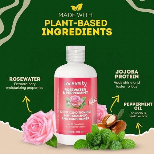 Locsanity Rosewater Peppermint 2-in-1 Sulfate-Free Shampoo & Conditioner for Dreadlocks - Moisturizing & Strengthening for Locs, Microlocs & Natural Hair (12 fl oz) Avelisse
