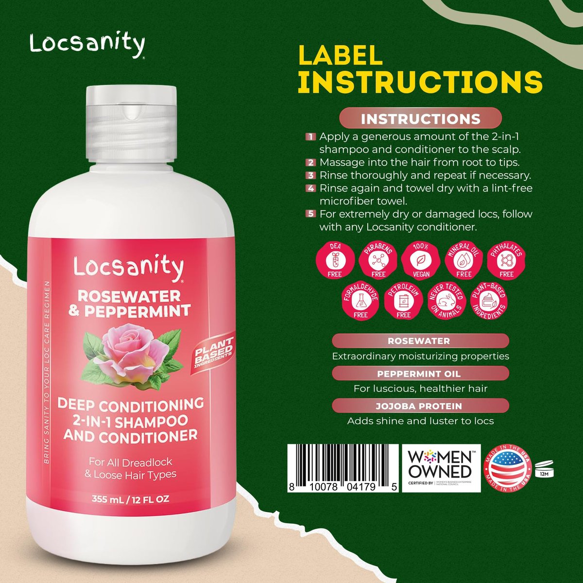 Locsanity Rosewater Peppermint 2-in-1 Sulfate-Free Shampoo & Conditioner for Dreadlocks - Moisturizing & Strengthening for Locs, Microlocs & Natural Hair (12 fl oz) Avelisse