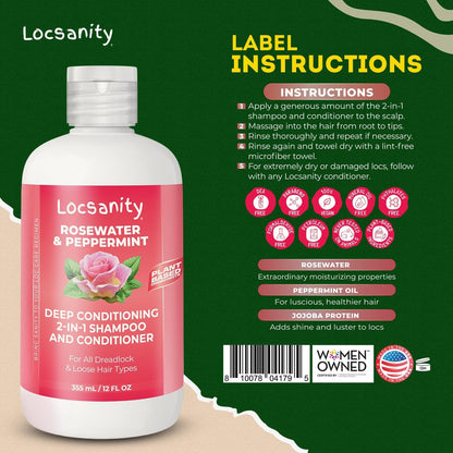 Locsanity Rosewater Peppermint 2-in-1 Sulfate-Free Shampoo & Conditioner for Dreadlocks - Moisturizing & Strengthening for Locs, Microlocs & Natural Hair (12 fl oz) Avelisse