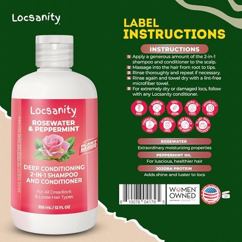 Locsanity Rosewater Peppermint 2-in-1 Sulfate-Free Shampoo & Conditioner for Dreadlocks - Moisturizing & Strengthening for Locs, Microlocs & Natural Hair (12 fl oz) Avelisse