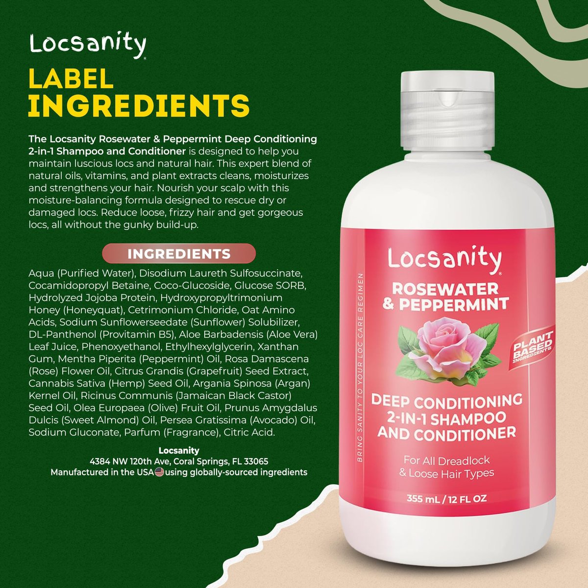 Locsanity Rosewater Peppermint 2-in-1 Sulfate-Free Shampoo & Conditioner for Dreadlocks - Moisturizing & Strengthening for Locs, Microlocs & Natural Hair (12 fl oz) Avelisse