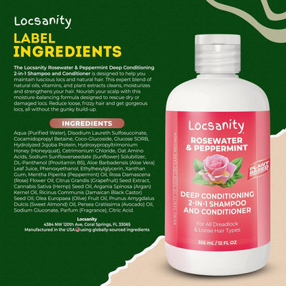 Locsanity Rosewater Peppermint 2-in-1 Sulfate-Free Shampoo & Conditioner for Dreadlocks - Moisturizing & Strengthening for Locs, Microlocs & Natural Hair (12 fl oz) Avelisse