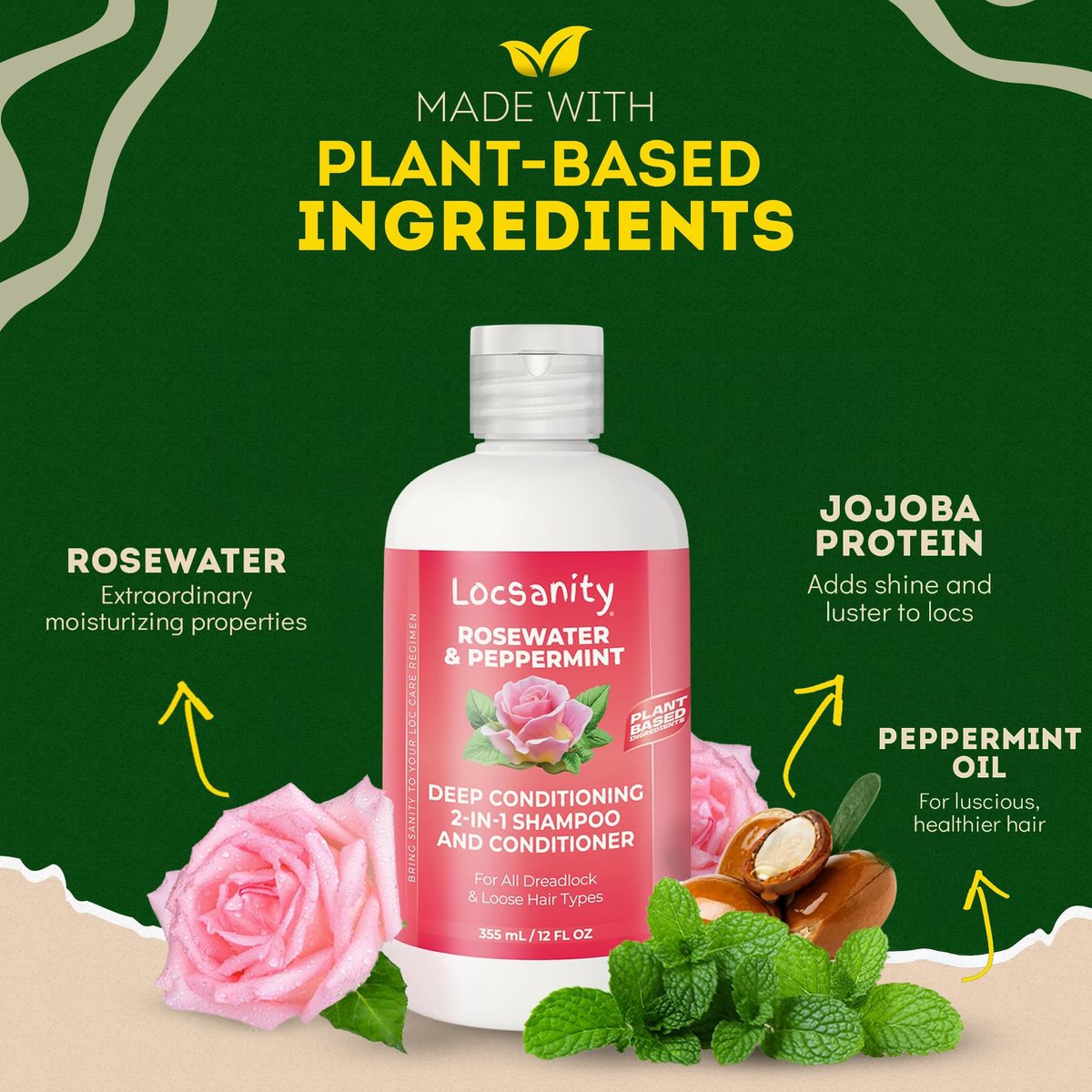 Locsanity Rosewater Peppermint 2-in-1 Sulfate-Free Shampoo & Conditioner for Dreadlocks - Moisturizing & Strengthening for Locs, Microlocs & Natural Hair (12 fl oz) Avelisse
