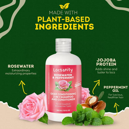 Locsanity Rosewater Peppermint 2-in-1 Sulfate-Free Shampoo & Conditioner for Dreadlocks - Moisturizing & Strengthening for Locs, Microlocs & Natural Hair (12 fl oz) Avelisse