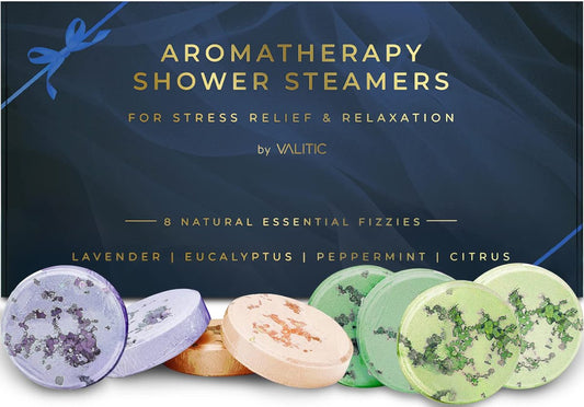 Valitic Aromatherapy Shower Steamers – Stress Relief & Relaxation, 8 Natural Essential Fizzies, 4 Scents (Lavender, Eucalyptus, Citrus, Peppermint), Gift for Women Mom Birthday Avelisse