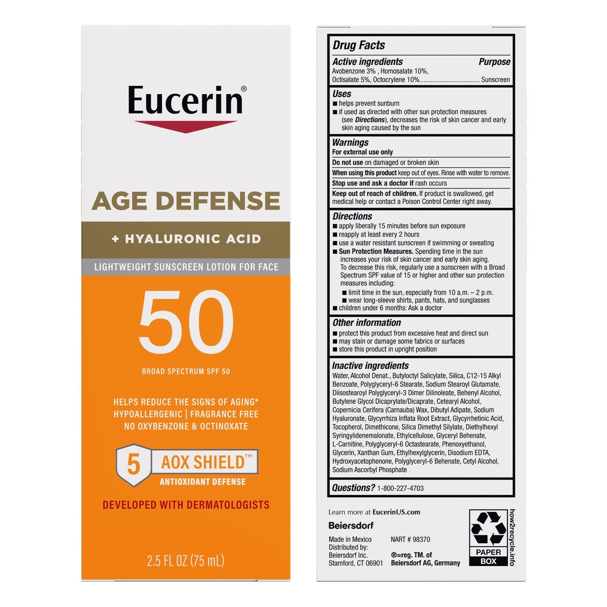 Eucerin Sun Age Defense SPF 50 Face Sunscreen Lotion with Hyaluronic Acid, Hypoallergenic, 2.5 Fl Oz Avelisse