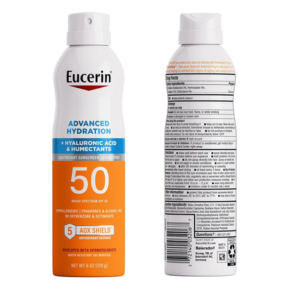Eucerin Advanced Hydration SPF 50 Sunscreen Spray – Lightweight, Hyaluronic Acid, Hypoallergenic, 6 oz