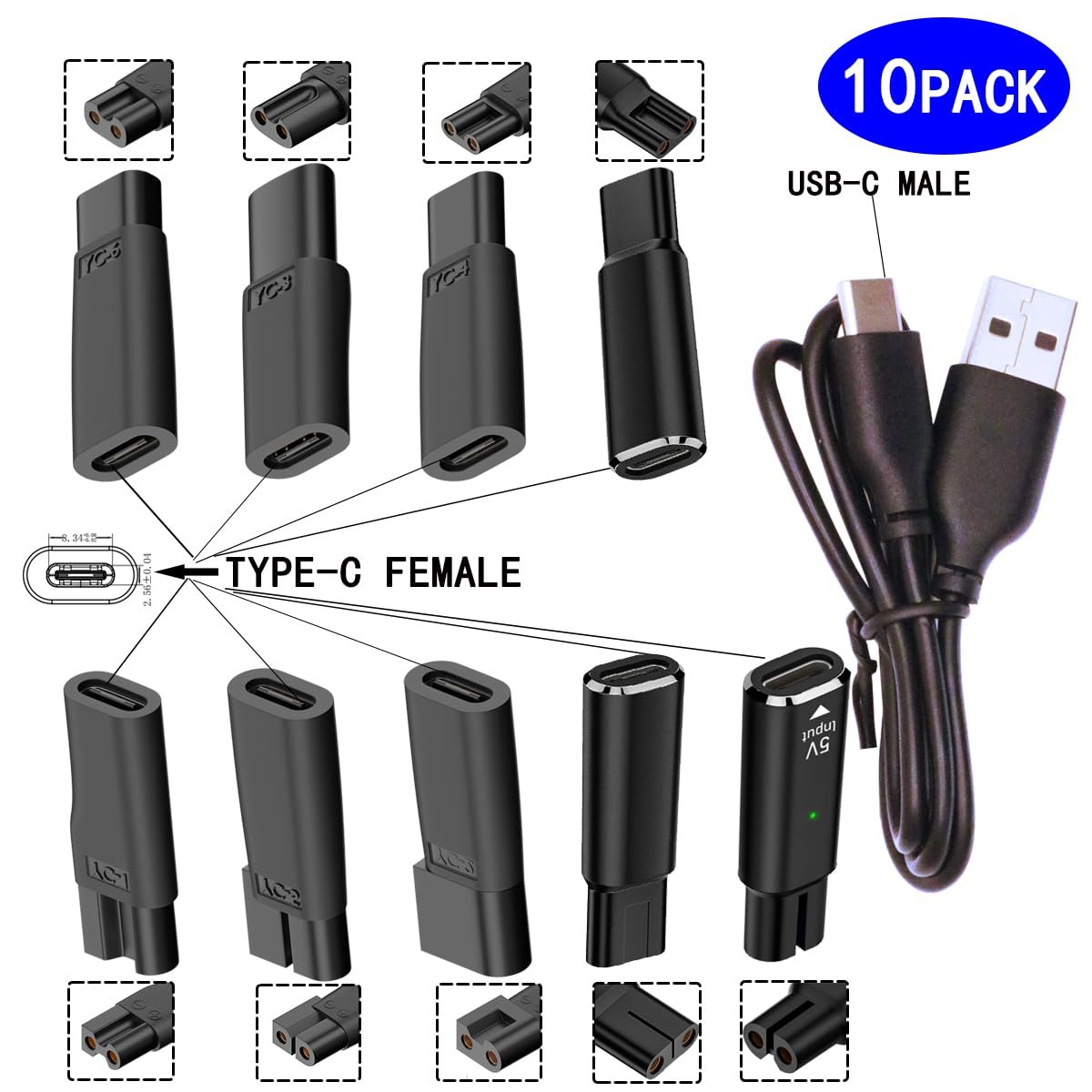 10-Pack USB C Power Cord Replacement Charger for Hair Clippers, Beard Trimmers, Shavers, Desk Lamps, and Purifiers - HQ8505 Compatible Charging Cable Avelisse