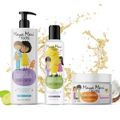 Kids Curly Hair Gift Set - 2-in-1 Shampoo & Conditioner, Curl Cream, Leave-In Conditioner, Shea Butter, Tear-Free, Frizz Control, Sulfate-Free, 32 Fl Oz Avelisse