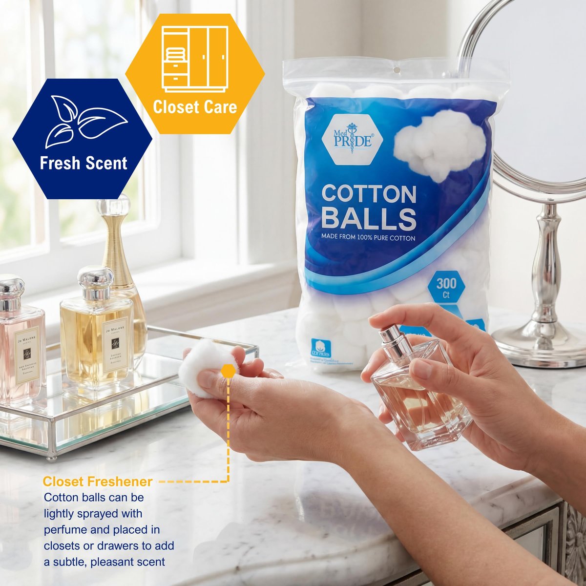 MED PRIDE 100% Pure Cotton Balls, 300 Count – Ultra Soft, Highly Absorbent, Multipurpose for Makeup Removal, Skincare, Nail Polish, Baby Care & First Aid - görsel 15
