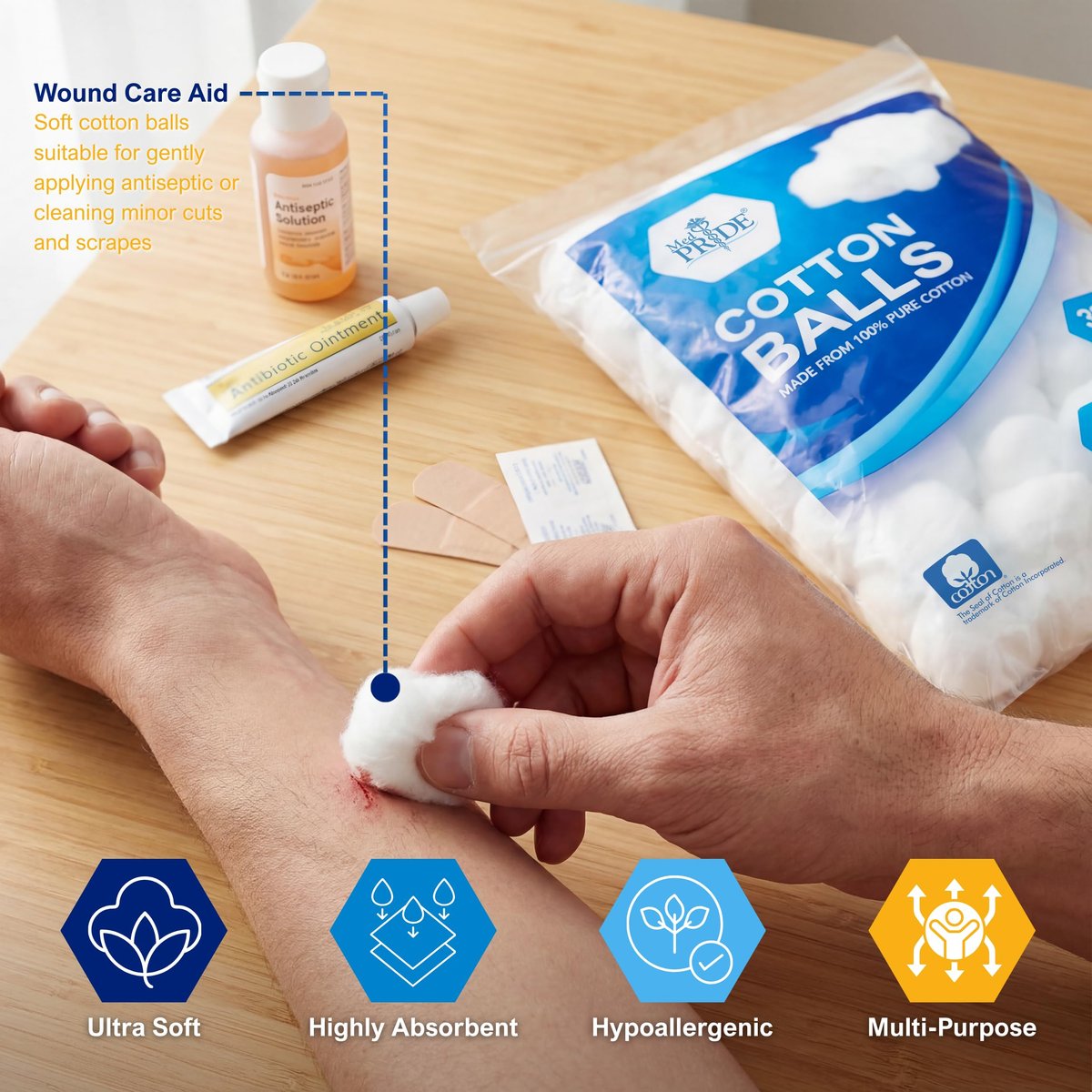 MED PRIDE 100% Pure Cotton Balls, 300 Count – Ultra Soft, Highly Absorbent, Multipurpose for Makeup Removal, Skincare, Nail Polish, Baby Care & First Aid - görsel 3