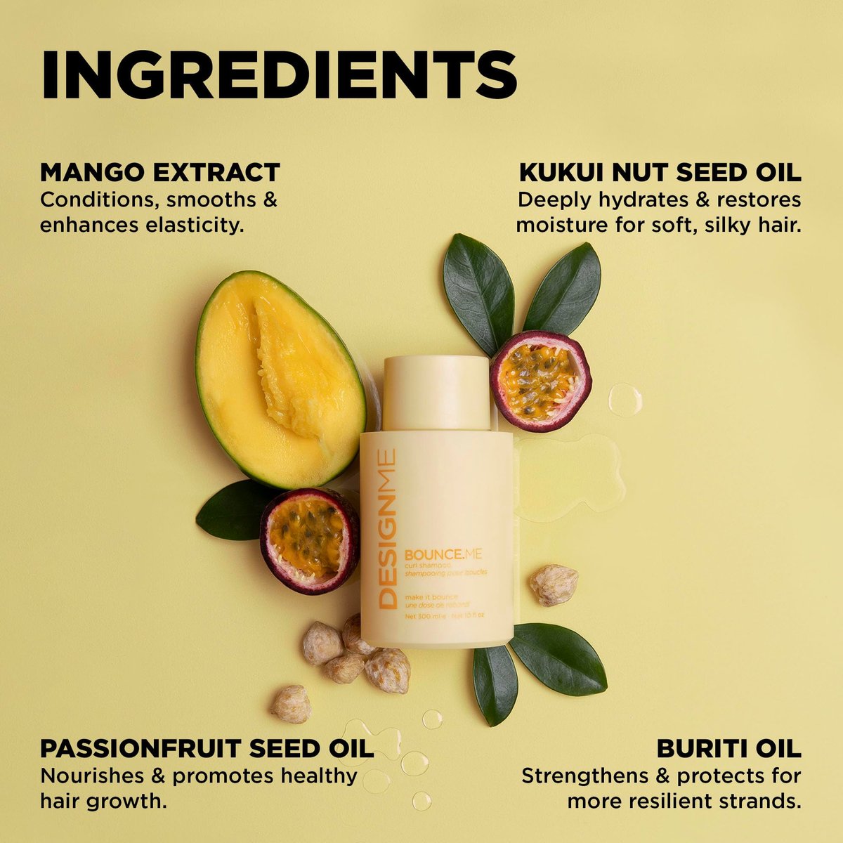 Design.Me BOUNCE.ME Shampoo – Curl-Defining, Anti-Frizz Shampoo for All Curl Types with Kukui Nut Seed & Buriti Oil, 10 Fl Oz Avelisse
