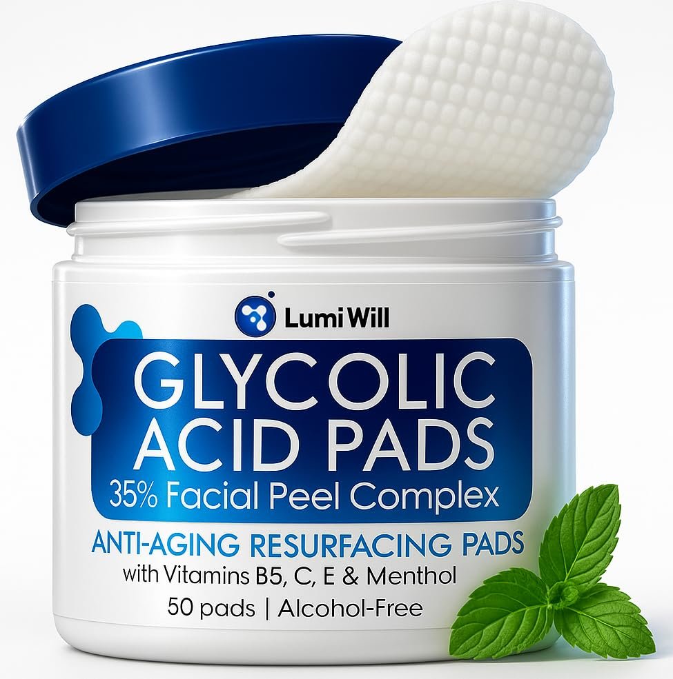LUMI WILL Glycolic Acid Pads 35% – Exfoliating Face Pads with Vitamins B5, C, E & Green Tea – Resurfacing Acid Exfoliator for Uneven Tone & Texture – At-Home Chemical Exfoliant for Face – 50 Pre-Soaked Pads Avelisse