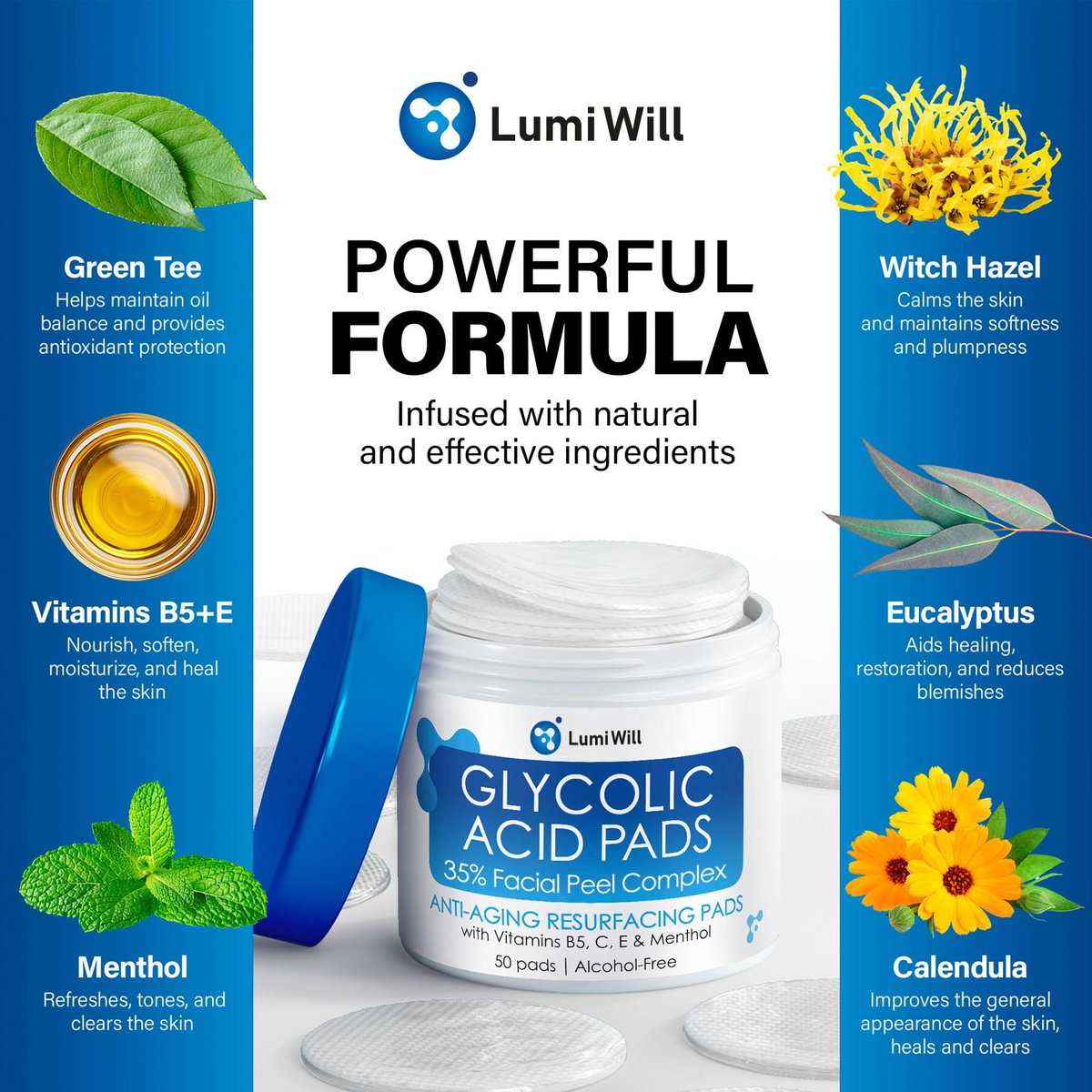 LUMI WILL Glycolic Acid Pads 35% – Exfoliating Face Pads with Vitamins B5, C, E & Green Tea – Resurfacing Acid Exfoliator for Uneven Tone & Texture – At-Home Chemical Exfoliant for Face – 50 Pre-Soaked Pads Avelisse