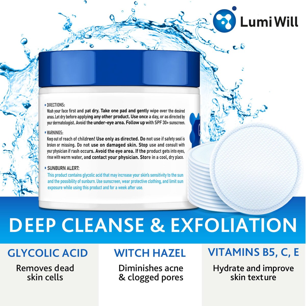 LUMI WILL Glycolic Acid Pads 35% – Exfoliating Face Pads with Vitamins B5, C, E & Green Tea – Resurfacing Acid Exfoliator for Uneven Tone & Texture – At-Home Chemical Exfoliant for Face – 50 Pre-Soaked Pads Avelisse