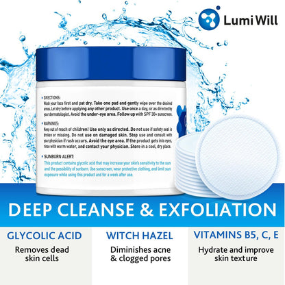 LUMI WILL Glycolic Acid Pads 35% – Exfoliating Face Pads with Vitamins B5, C, E & Green Tea – Resurfacing Acid Exfoliator for Uneven Tone & Texture – At-Home Chemical Exfoliant for Face – 50 Pre-Soaked Pads Avelisse