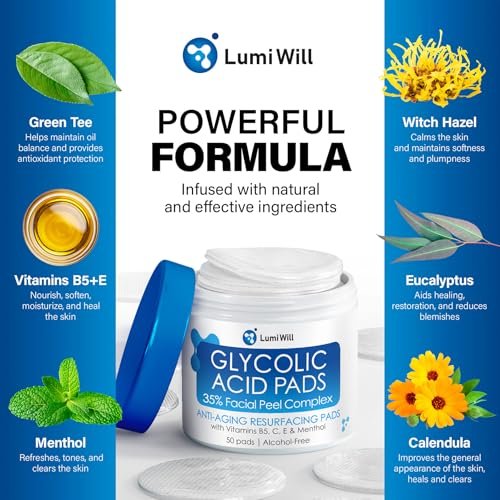LUMI WILL Glycolic Acid Pads 35% – Exfoliating Face Pads with Vitamins B5, C, E & Green Tea – Resurfacing Acid Exfoliator for Uneven Tone & Texture – At-Home Chemical Exfoliant for Face – 50 Pre-Soaked Pads Avelisse