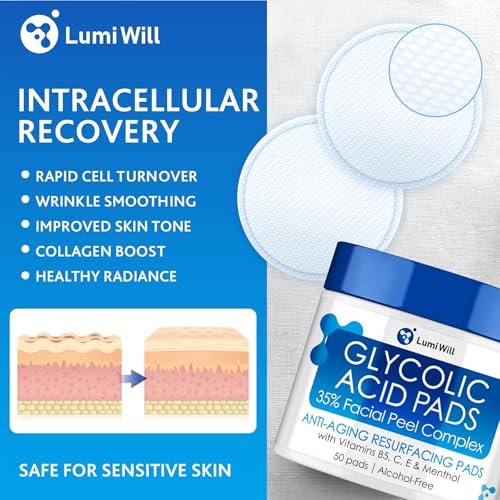 LUMI WILL Glycolic Acid Pads 35% – Exfoliating Face Pads with Vitamins B5, C, E & Green Tea – Resurfacing Acid Exfoliator for Uneven Tone & Texture – At-Home Chemical Exfoliant for Face – 50 Pre-Soaked Pads Avelisse