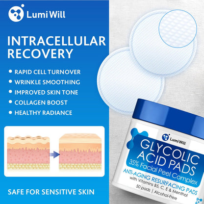 LUMI WILL Glycolic Acid Pads 35% – Exfoliating Face Pads with Vitamins B5, C, E & Green Tea – Resurfacing Acid Exfoliator for Uneven Tone & Texture – At-Home Chemical Exfoliant for Face – 50 Pre-Soaked Pads Avelisse