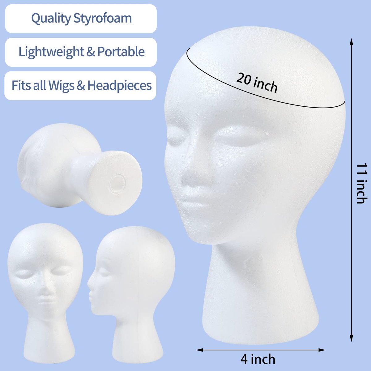 GliSun 3 Pcs Foam Wig Head Set – Styrofoam Mannequin Head with Female Face for Wig Display, Hat Stand, Art & Craft Painting Avelisse