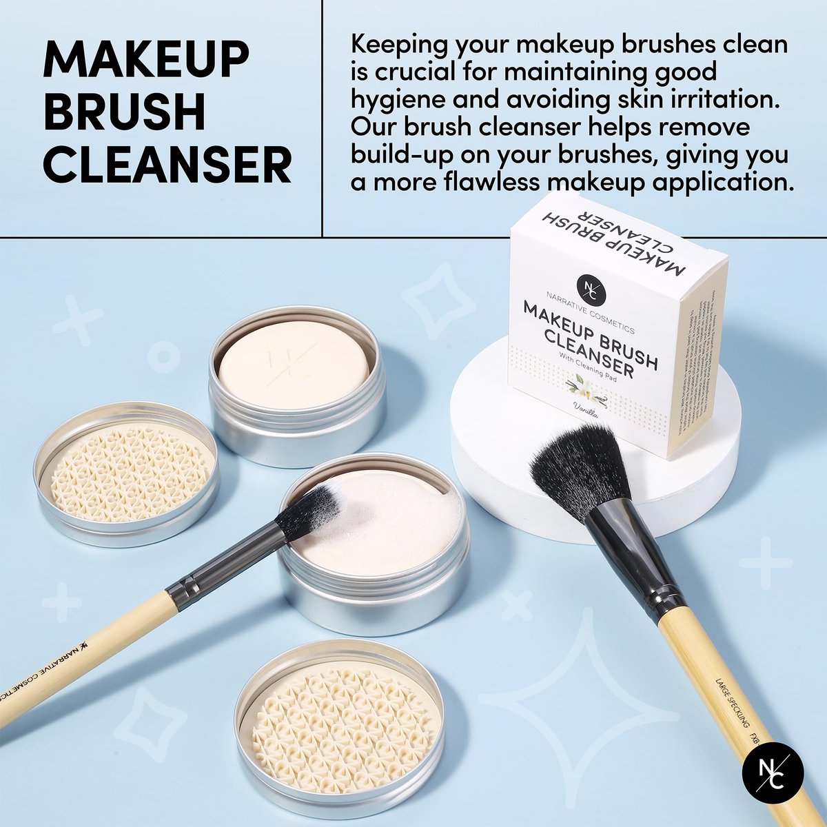Narrative Cosmetics Makeup Brush Cleaner Soap with Silicone Scrubber Pad – Solid Cleanser for Brushes & Beauty Blenders, Vegan, Cruelty-Free, Avocado Jojoba Argan Oil, Vanilla Scent, 2.45 Oz Avelisse