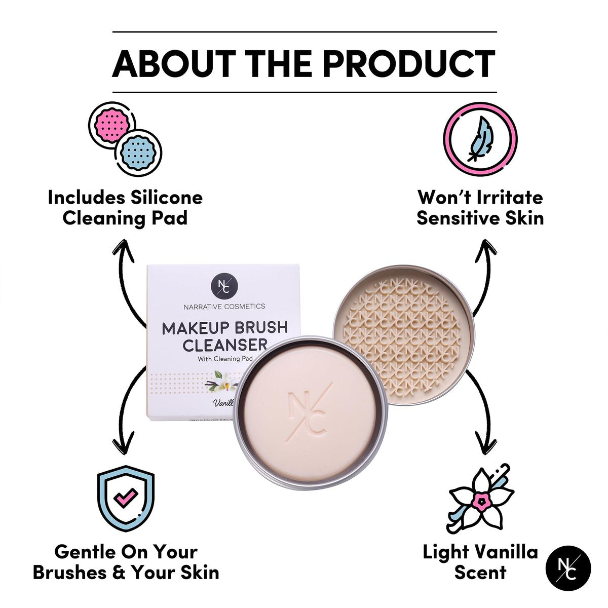 Narrative Cosmetics Makeup Brush Cleaner Soap with Silicone Scrubber Pad – Solid Cleanser for Brushes & Beauty Blenders, Vegan, Cruelty-Free, Avocado Jojoba Argan Oil, Vanilla Scent, 2.45 Oz Avelisse