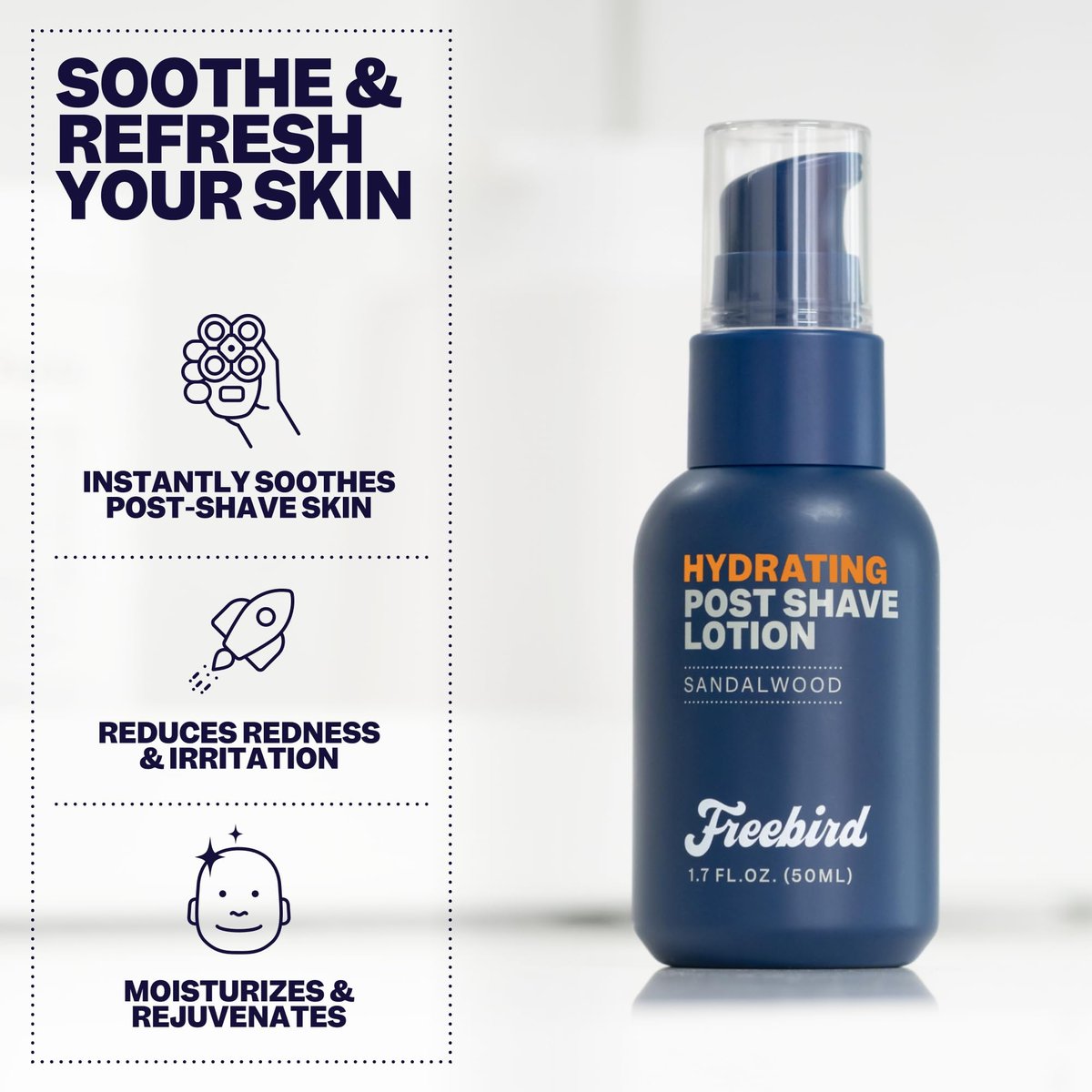 Freebird Post Shave Lotion for Men – Cooling Aftershave Gel with Natural Sandalwood Scent, Soothes Razor Burn & Moisturizes Sensitive Skin, Travel Size 1.7 oz Avelisse