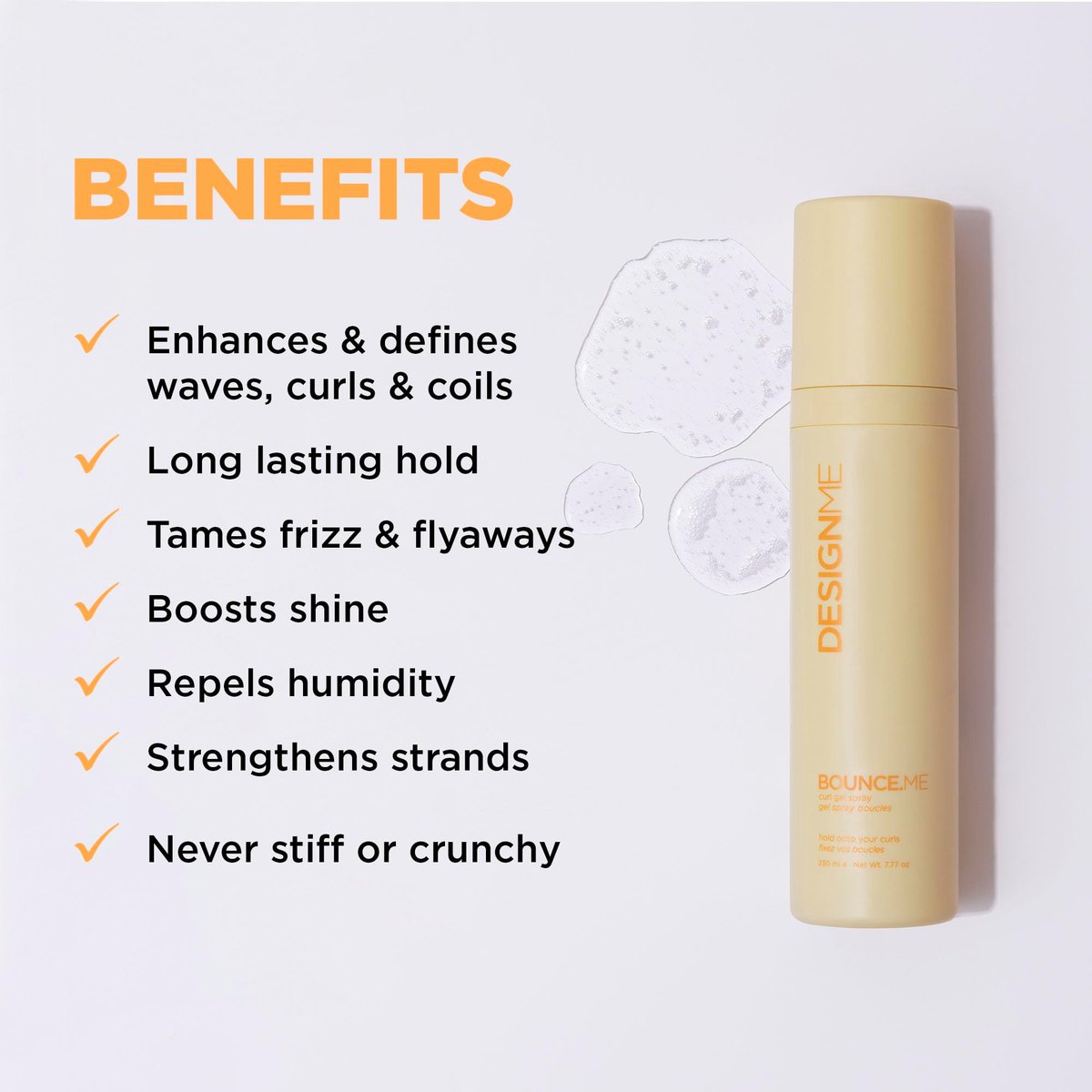 Design.Me BOUNCE.ME Curling Gel Spray - Frizz-Free Curl Defining Gel for Curls, Waves, Coils - Non-Crunchy, Non-Sticky Formula with Climate Control Styling, 7.77 Oz Avelisse