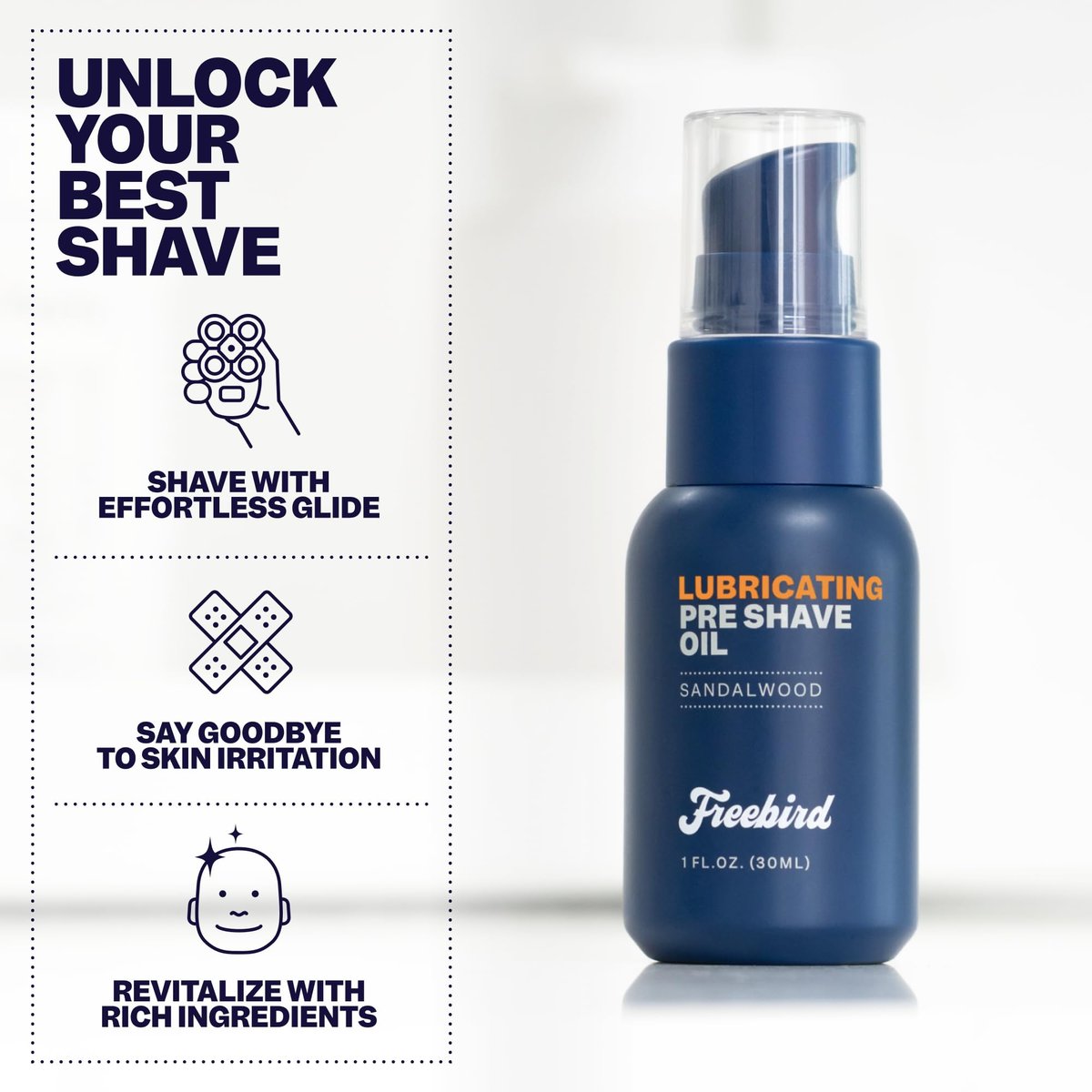 Freebird Pre Shave Oil for Men - Natural Sandalwood, 30mL | Enhanced Smooth Shaving, Moisturizing, Sensitive Skin, Travel Size, All Razor Types Avelisse