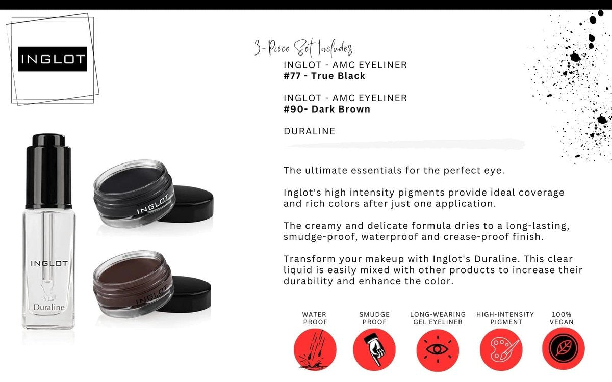 The Beauty Box INGLOT Bundle - Duraline, AMC Eyeliner Gel 77 & 90 (3-Piece) | Black & Brown Avelisse