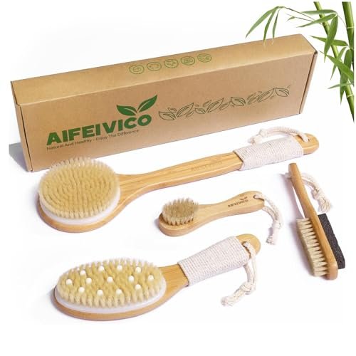 AIFEIVICO Dry Brushing Body Brush – Natural Boar Bristle & Bamboo Exfoliating Brush for Body, Face, Foot, with Long Handle Back Scrubber, Lymphatic & Cellulite Massage Avelisse