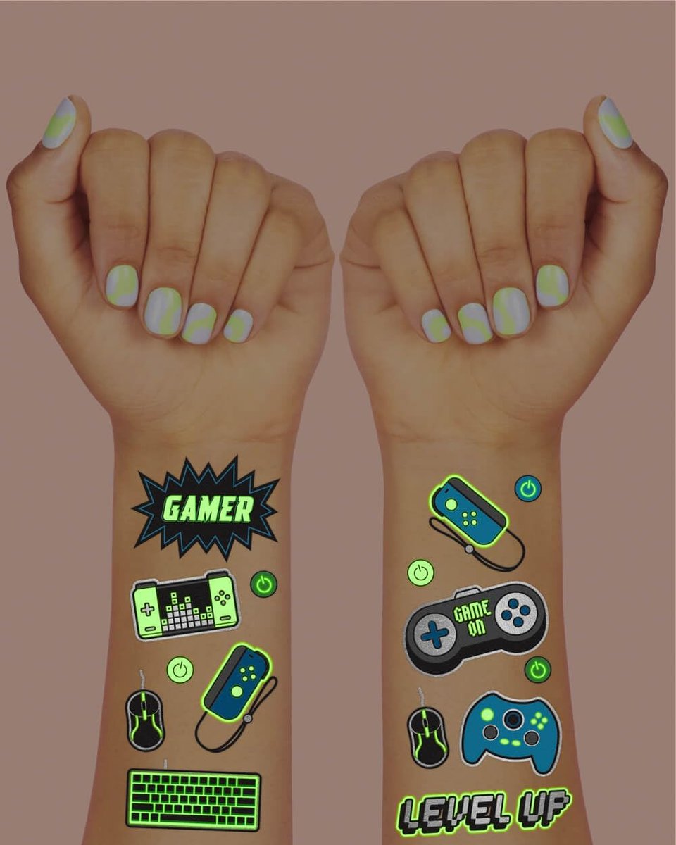 xo, Fetti Video Game Party Supplies Temporary Tattoos – 40 Glow in the Dark Gamer Tattoos for Kids & Adults - görsel 5
