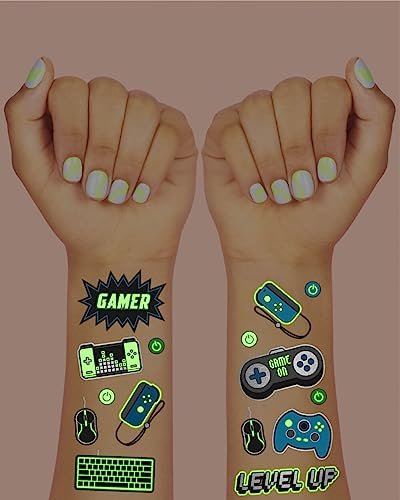 xo, Fetti Video Game Party Supplies Temporary Tattoos – 40 Glow in the Dark Gamer Tattoos for Kids & Adults