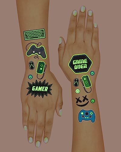 xo, Fetti Video Game Party Supplies Temporary Tattoos – 40 Glow in the Dark Gamer Tattoos for Kids & Adults