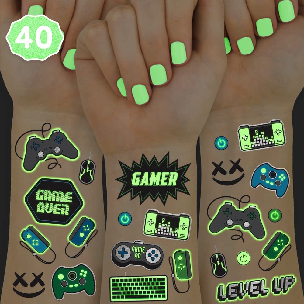 xo, Fetti Video Game Party Supplies Temporary Tattoos – 40 Glow in the Dark Gamer Tattoos for Kids & Adults - görsel 1