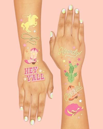 xo, Fetti Cowgirl Temporary Tattoos - 50 Gold Foil Styles | Western Birthday Party Decorations, Rodeo Favors, Cow Print Supplies - görsel 7