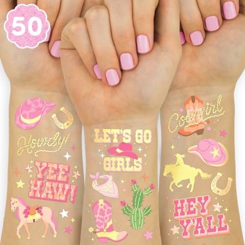 xo, Fetti Cowgirl Temporary Tattoos - 50 Gold Foil Styles | Western Birthday Party Decorations, Rodeo Favors, Cow Print Supplies - görsel 1