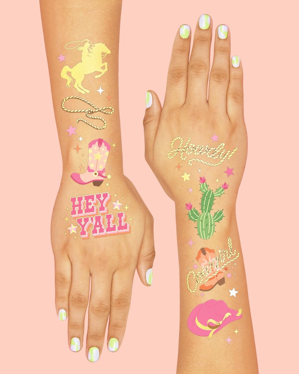 xo, Fetti Cowgirl Temporary Tattoos - 50 Gold Foil Styles | Western Birthday Party Decorations, Rodeo Favors, Cow Print Supplies - görsel 8