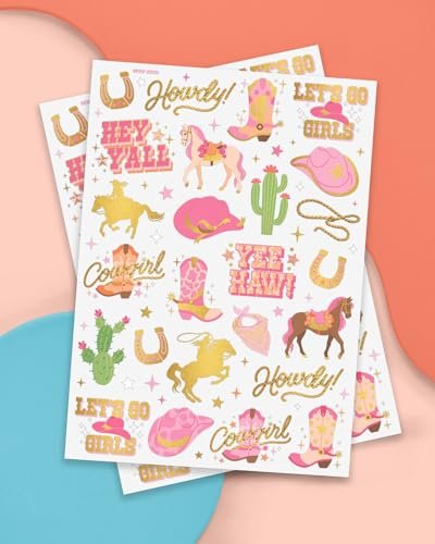 xo, Fetti Cowgirl Temporary Tattoos - 50 Gold Foil Styles | Western Birthday Party Decorations, Rodeo Favors, Cow Print Supplies