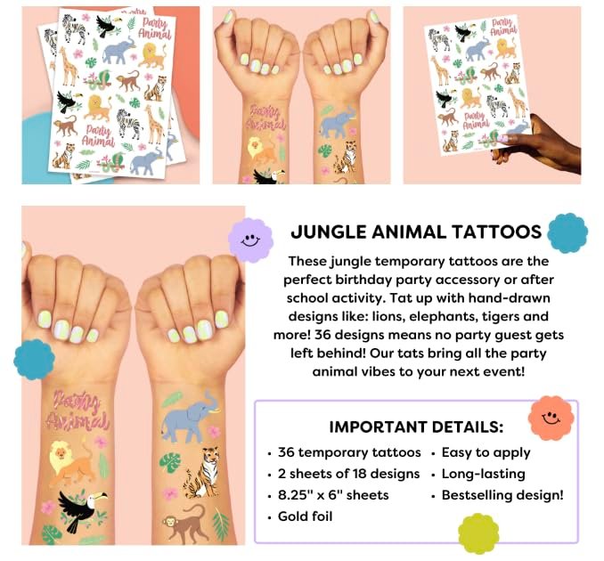 xo, Fetti Jungle Temporary Tattoos - 36 Wild Animal Designs for Kids & Adults | Safari Party Favors, Baby Shower Gifts - görsel 9