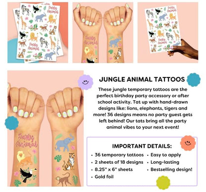xo, Fetti Jungle Temporary Tattoos - 36 Wild Animal Designs for Kids & Adults | Safari Party Favors, Baby Shower Gifts