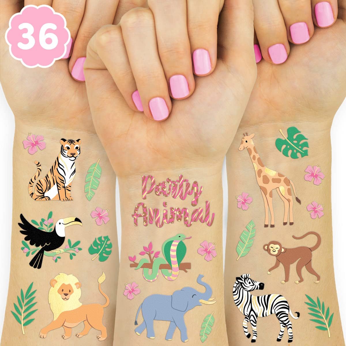 xo, Fetti Jungle Temporary Tattoos - 36 Wild Animal Designs for Kids & Adults | Safari Party Favors, Baby Shower Gifts - görsel 1