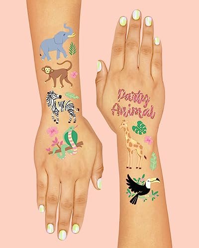 xo, Fetti Jungle Temporary Tattoos - 36 Wild Animal Designs for Kids & Adults | Safari Party Favors, Baby Shower Gifts