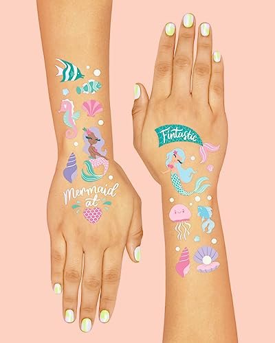 xo, Fetti Under The Sea Mermaid Temporary Tattoos - 56 Iridescent Foil Designs for Kids' Party Favors, Ocean Animal Crafts, and Underwater Activities - görsel 7