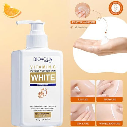 BIOAQUA Vitamin C White Body Lotion with Orange Extract - 10x Antioxidant Moisturizer, Hydrating Whole Body Lotion, 300g