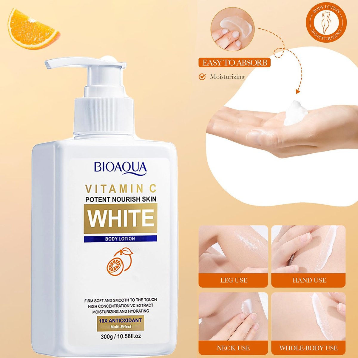 BIOAQUA Vitamin C White Body Lotion with Orange Extract - 10x Antioxidant Moisturizer, Hydrating Whole Body Lotion, 300g - görsel 3