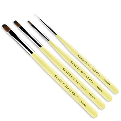 Beaute Galleria 4-Piece UV Gel Nail Art Brush Set – Pro Flat, Carved, Detailer, Round for Fine Line, Detailer, Outline, Striping, Polygel Nails, Gel Sculpting, Nail Tips