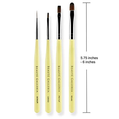 Beaute Galleria 4-Piece UV Gel Nail Art Brush Set – Pro Flat, Carved, Detailer, Round for Fine Line, Detailer, Outline, Striping, Polygel Nails, Gel Sculpting, Nail Tips